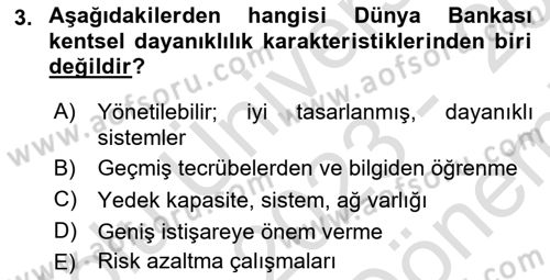 Sürdürülebilir Kentsel Dayanıklılık Dersi 2023 - 2024 Yılı (Final) Dönem Sonu Sınav Soruları 3. Soru