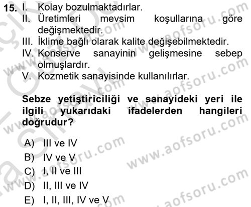 Gıda Coğrafyası Dersi 2021 - 2022 Yılı (Vize) Ara Sınav Soruları 15. Soru