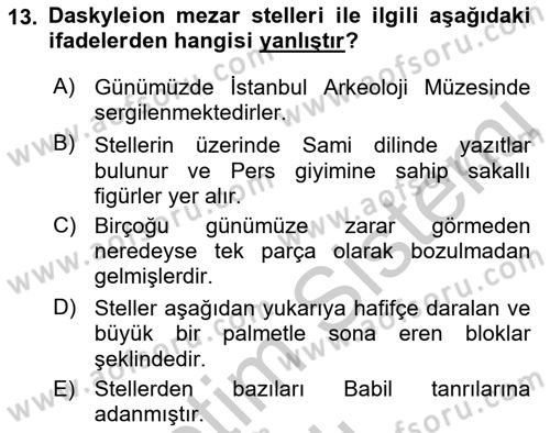 Anadolu Arkeolojisi Dersi 2018 - 2019 Yılı Yaz Okulu Sınav Soruları 13. Soru