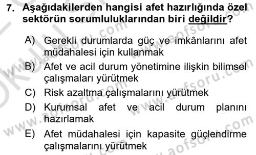 Afet Yönetimi 1 Dersi 2021 - 2022 Yılı Yaz Okulu Sınav Soruları 7. Soru