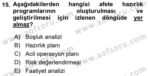 Afet Yönetiminde Sağlık Hizmetleri Dersi 2022 - 2023 Yılı (Vize) Ara Sınav Soruları 15. Soru