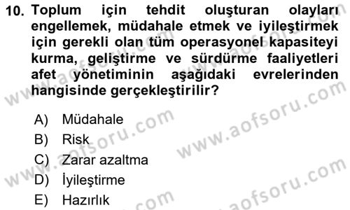 Afet Yönetimi 1 Dersi 2020 - 2021 Yılı Yaz Okulu Sınav Soruları 10. Soru