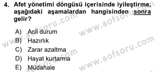 Afet Yönetimi 1 Dersi 2021 - 2022 Yılı (Final) Dönem Sonu Sınav Soruları 4. Soru
