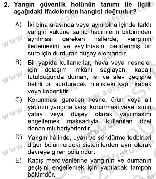 Yangın ve Yangın Güvenliği Dersi 2022 - 2023 Yılı Yaz Okulu Sınav Soruları 2. Soru