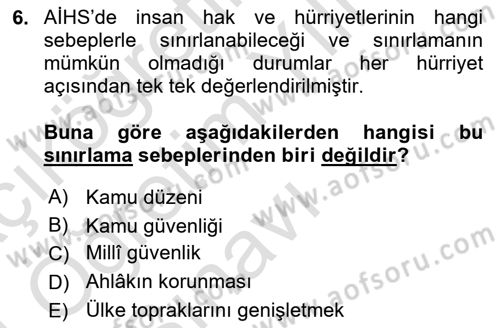 İnsan Hakları Ve Kamu Özgürlükleri Dersi 2023 - 2024 Yılı Yaz Okulu Sınav Soruları 6. Soru