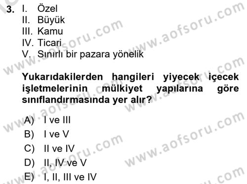 Yiyecek Ve İçecek İşletmeciliği Dersi 2024 - 2025 Yılı (Vize) Ara Sınav Soruları 3. Soru