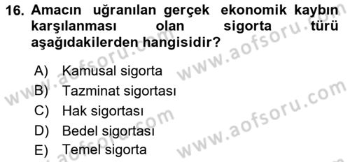 Afet Ekonomisi Ve Sigortacılığı Dersi 2021 - 2022 Yılı (Final) Dönem Sonu Sınav Soruları 16. Soru