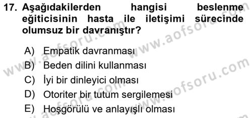 Beslenmenin Temel İlkeleri Dersi 2024 - 2025 Yılı Yaz Okulu Sınav Soruları 17. Soru