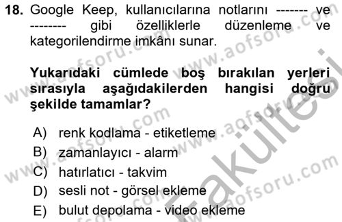 Büro Teknolojileri Dersi 2025 - 2026 Yılı (Vize) Ara Sınav Soruları 18. Soru