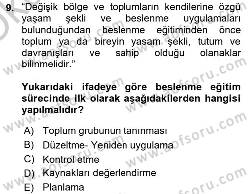 Beslenmenin Temel İlkeleri Dersi 2018 - 2019 Yılı Yaz Okulu Sınav Soruları 9. Soru