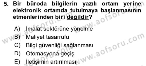 Büro Teknolojileri Dersi 2017 - 2018 Yılı (Vize) Ara Sınav Soruları 5. Soru