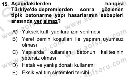 Kent, Planlama ve Afet Risk Yönetimi Dersi 2022 - 2023 Yılı (Final) Dönem Sonu Sınav Soruları 15. Soru