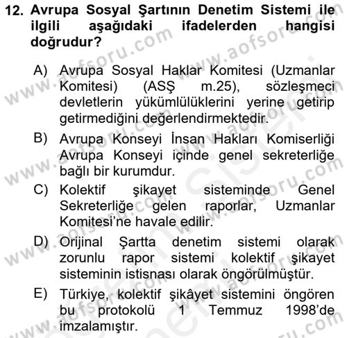 İnsan Hakları Ve Kamu Özgürlükleri Dersi 2018 - 2019 Yılı (Final) Dönem Sonu Sınav Soruları 12. Soru