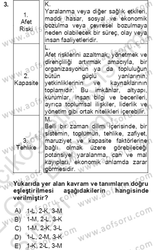 Afet Risk Azaltma Politikaları Dersi 2021 - 2022 Yılı (Vize) Ara Sınav Soruları 3. Soru
