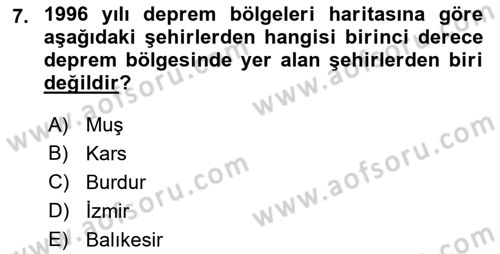Kent, Planlama ve Afet Risk Yönetimi Dersi 2021 - 2022 Yılı Yaz Okulu Sınav Soruları 7. Soru