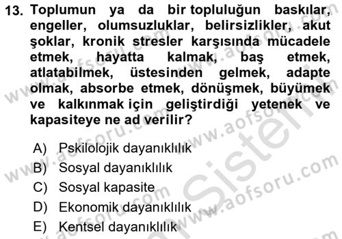 Sürdürülebilir Kentsel Dayanıklılık Dersi 2023 - 2024 Yılı (Final) Dönem Sonu Sınav Soruları 13. Soru