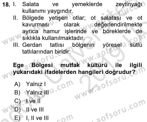 Yöresel Mutfaklar Dersi 2018 - 2019 Yılı 3 Ders Sınav Soruları 18. Soru