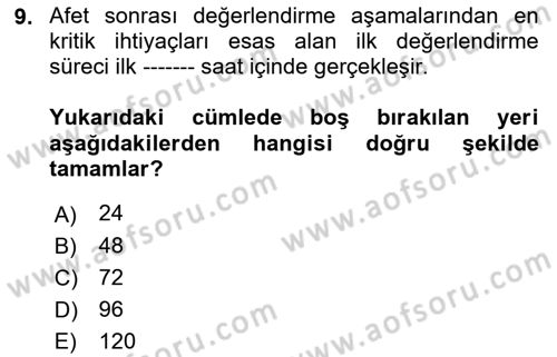 Afet Yönetimi 1 Dersi 2021 - 2022 Yılı (Final) Dönem Sonu Sınav Soruları 9. Soru