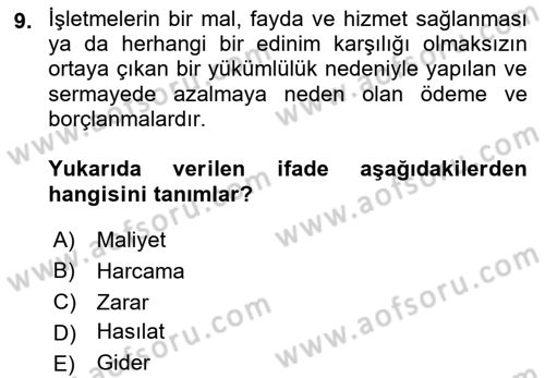 Yiyecek Ve İçecek İşletmeciliği Dersi 2023 - 2024 Yılı (Final) Dönem Sonu Sınav Soruları 9. Soru