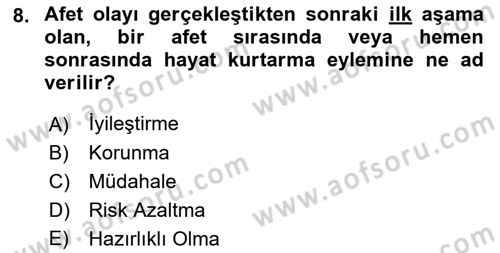 Kent, Planlama ve Afet Risk Yönetimi Dersi 2023 - 2024 Yılı (Final) Dönem Sonu Sınav Soruları 8. Soru