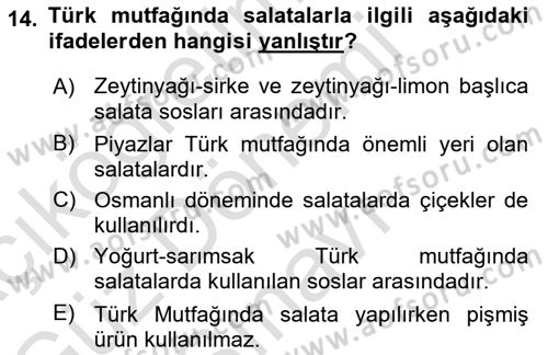 Türk Mutfak Kültürü Dersi 2021 - 2022 Yılı (Final) Dönem Sonu Sınav Soruları 14. Soru
