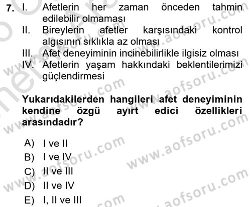 Afet Psikolojisi ve Sosyolojisi Dersi 2025 - 2026 Yılı (Vize) Ara Sınav Soruları 7. Soru