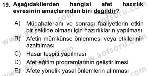Afet Yönetimi 1 Dersi 2021 - 2022 Yılı (Vize) Ara Sınav Soruları 19. Soru