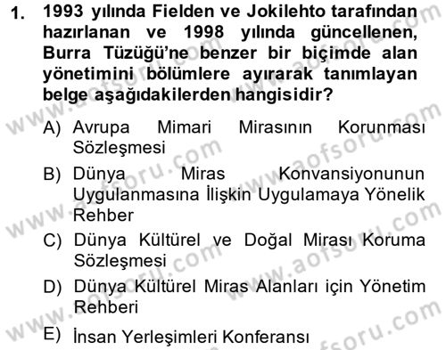 Arkeolojik Alan Yönetimi Dersi 2014 - 2015 Yılı (Final) Dönem Sonu Sınav Soruları 1. Soru
