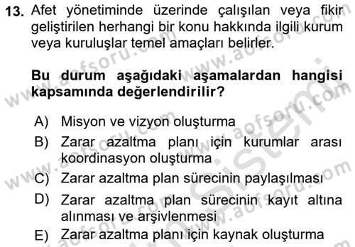 Afet Yönetimi 1 Dersi 2021 - 2022 Yılı (Vize) Ara Sınav Soruları 13. Soru