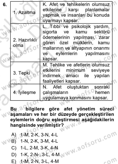 Acil Durum ve Afet Farkındalık Eğitimi Dersi 2017 - 2018 Yılı (Vize) Ara Sınav Soruları 6. Soru