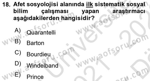 Afet Psikolojisi ve Sosyolojisi Dersi 2021 - 2022 Yılı (Vize) Ara Sınav Soruları 18. Soru