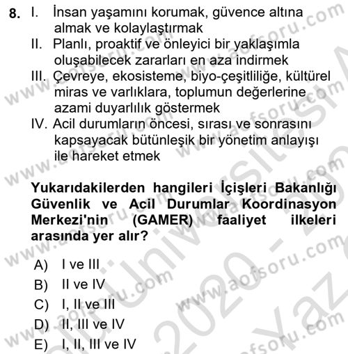 Afet Yönetimi 2 Dersi 2020 - 2021 Yılı Yaz Okulu Sınav Soruları 8. Soru