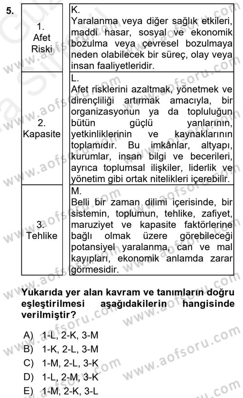 Afet Risk Azaltma Politikaları Dersi 2018 - 2019 Yılı (Vize) Ara Sınav Soruları 5. Soru