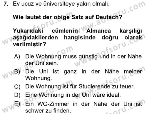Almanca 2 Dersi 2017 - 2018 Yılı (Vize) Ara Sınav Soruları 7. Soru