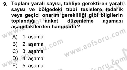 Afet Yönetiminde Sağlık Hizmetleri Dersi 2022 - 2023 Yılı (Vize) Ara Sınav Soruları 9. Soru