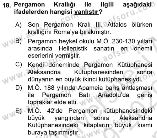 Anadolu Arkeolojisi Dersi 2019 - 2020 Yılı (Final) Dönem Sonu Sınav Soruları 18. Soru