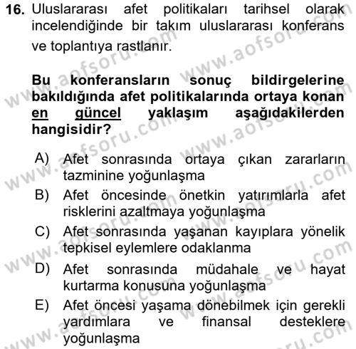 Kent, Planlama ve Afet Risk Yönetimi Dersi 2017 - 2018 Yılı (Final) Dönem Sonu Sınav Soruları 16. Soru