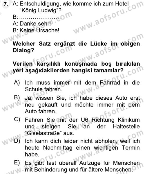 Almanca 2 Dersi 2015 - 2016 Yılı (Vize) Ara Sınav Soruları 7. Soru
