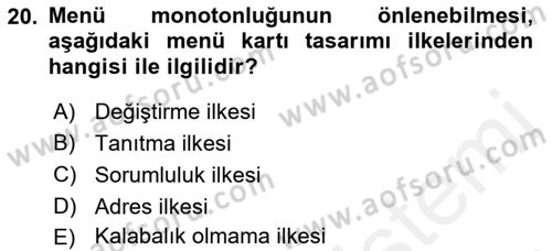 Menü Yönetimi Dersi 2018 - 2019 Yılı (Vize) Ara Sınav Soruları 20. Soru