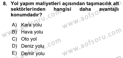 Acil Durum ve Afetlerde Ulaştırma Yönetimi ve Uygulamaları Dersi 2021 - 2022 Yılı (Vize) Ara Sınav Soruları 8. Soru