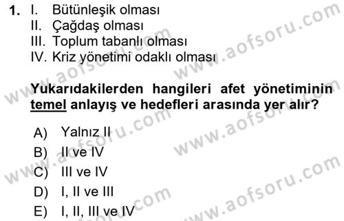 Afet Yönetimi 1 Dersi 2021 - 2022 Yılı (Vize) Ara Sınav Soruları 1. Soru