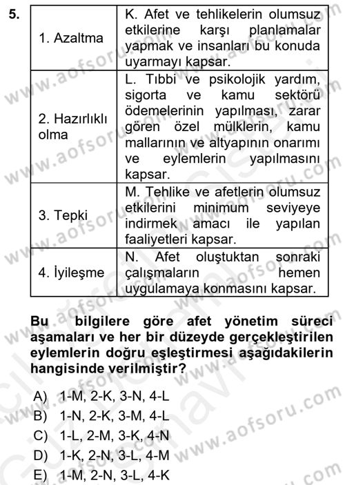 Acil Durum ve Afet Farkındalık Eğitimi Dersi 2018 - 2019 Yılı (Final) Dönem Sonu Sınav Soruları 5. Soru