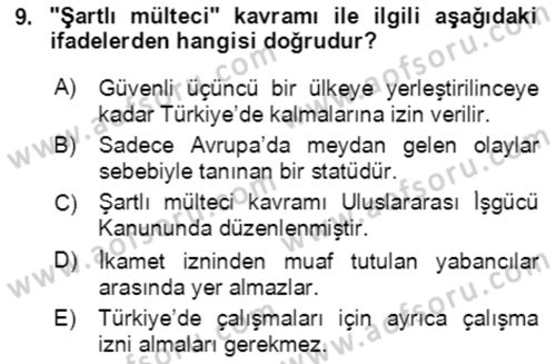 Göç Ve Göçmen Sorunları Dersi 2018 - 2019 Yılı (Vize) Ara Sınav Soruları 9. Soru