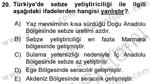 Gıda Coğrafyası Dersi 2023 - 2024 Yılı (Vize) Ara Sınav Soruları 20. Soru