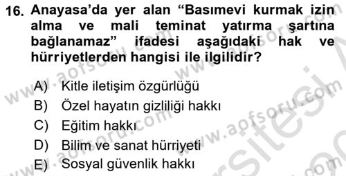 İnsan Hakları Ve Kamu Özgürlükleri Dersi 2019 - 2020 Yılı (Final) Dönem Sonu Sınav Soruları 16. Soru
