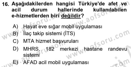 Temel Afet Bilgisi Dersi 2022 - 2023 Yılı Yaz Okulu Sınav Soruları 16. Soru