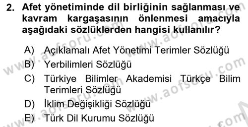 Afet Yönetimi 1 Dersi 2022 - 2023 Yılı Yaz Okulu Sınav Soruları 2. Soru