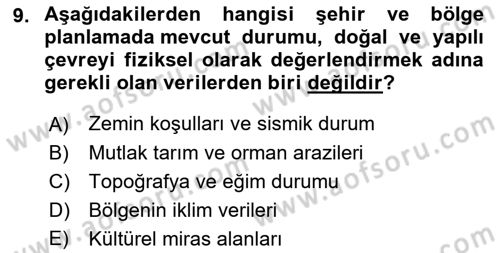 Kent, Planlama ve Afet Risk Yönetimi Dersi 2022 - 2023 Yılı (Final) Dönem Sonu Sınav Soruları 9. Soru