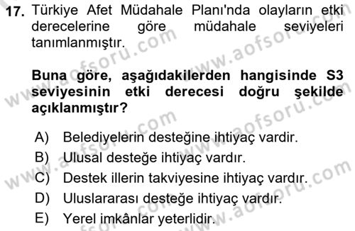 Afet Yönetimi 1 Dersi 2021 - 2022 Yılı Yaz Okulu Sınav Soruları 17. Soru