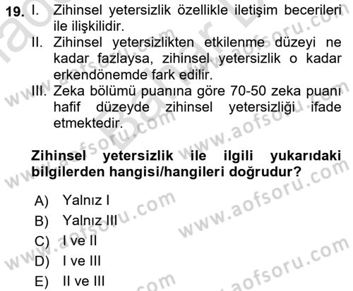 Özel Gereksinimli Bireyler İçin Afet ve Acil Durum Yönetimi Dersi 2024 - 2025 Yılı (Final) Dönem Sonu Sınav Soruları 19. Soru